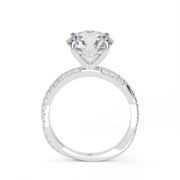 White Gold Round Shape Diamond Twist Pave Engagement Ring With U-Cut Setting.